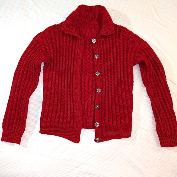 Red Chunky Crocheted Cardigan with Silver Crest Buttons - Medium - Picture 2 of 5